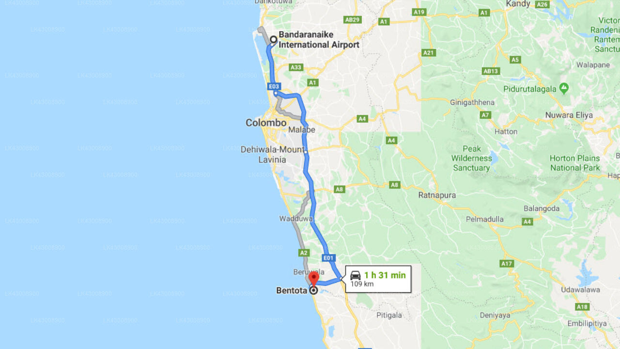 Transfer between Colombo Airport (CMB) and Centara Ceysands Resort, Bentota