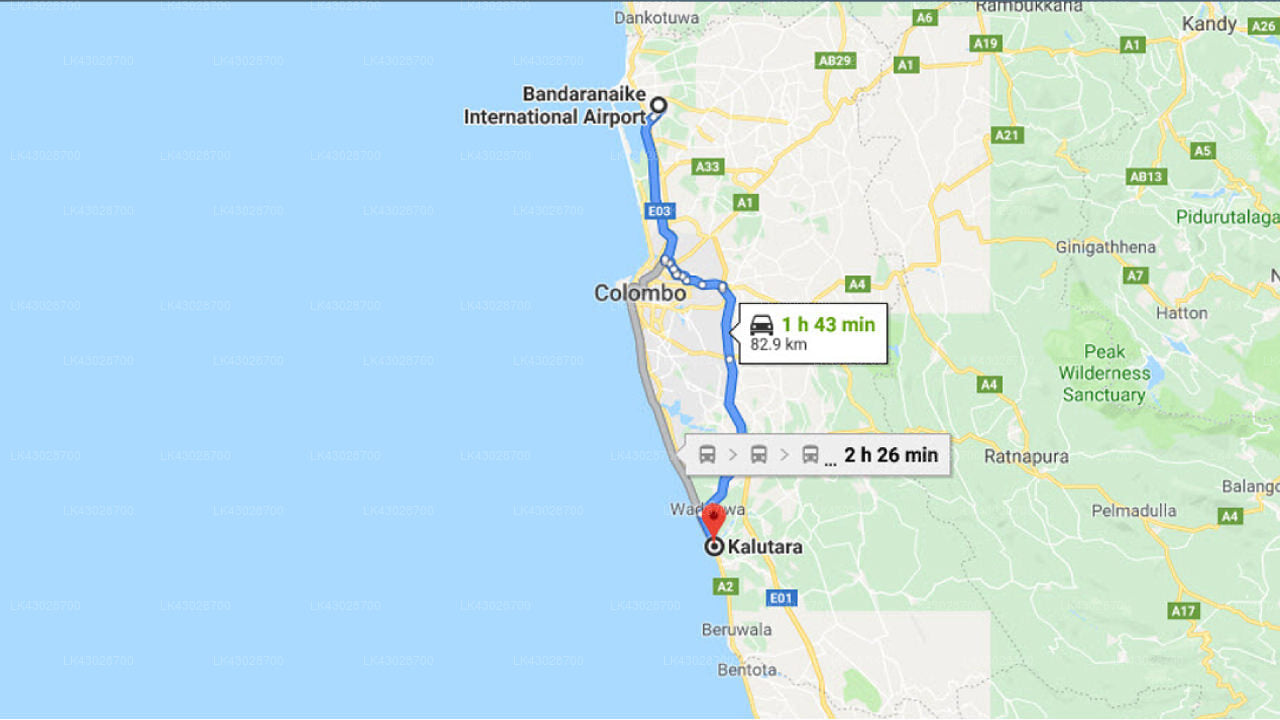 Transfer between Colombo (CMB) Airport and Royal Palms Beach Hotel, Kalutara