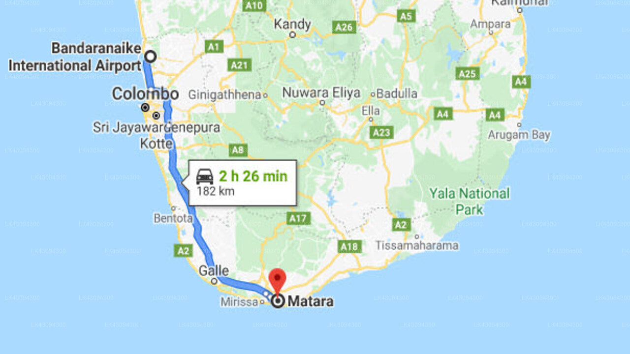 Transfer between Colombo Airport (CMB) and Beach Inn Holiday Resort, Matara