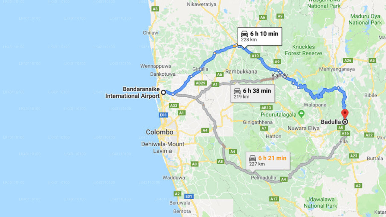 Transfer between Colombo Airport (CMB) and Green Wood Holiday Inn, Badulla