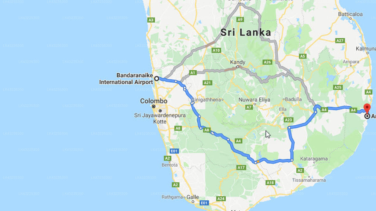 Transfer between Colombo (CMB) Airport and Jetwing Surf, Arugam Bay