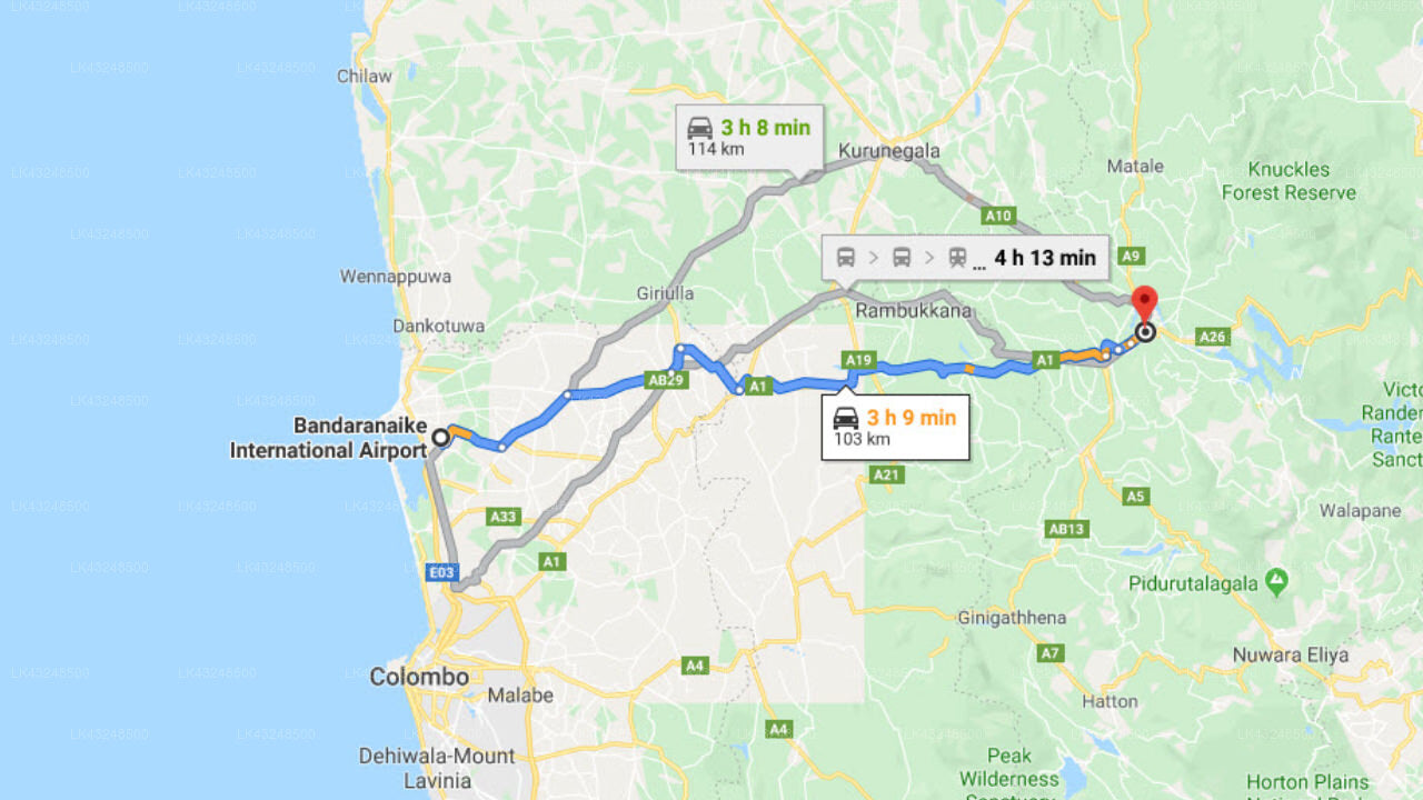 Transfer between Colombo Airport (CMB) and Le Leopard D 'Argent, Kandy