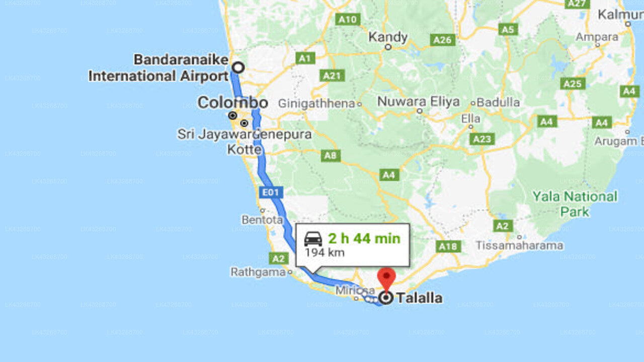 Transfer between Colombo Airport (CMB) and Talalla House, Talalla