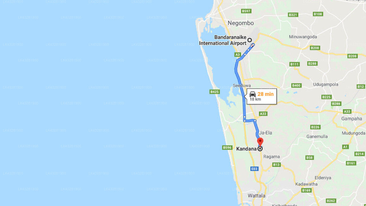 Transfer between Colombo Airport (CMB) and Villa Grand Kandana, Kandana